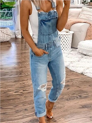 Solid color sleeveless straps button pockets ripped denim jumpsuits