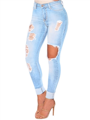 Mid waist solid pocket shirred ripped button denim skinny long jeans