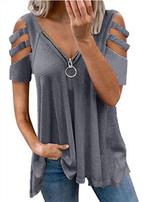 Solid color cold shoulder short sleeves casual blouses