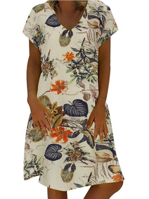 Floral print v-neck short sleeves shift T-shirt dress