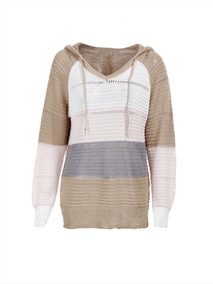 Knitted Long Sleeve Hooded Sweater Loose Fashion Striped Ladies Drawstring Knit Sweater