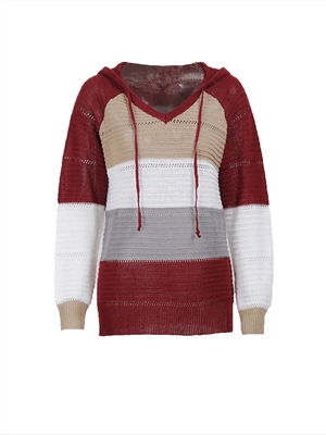 Knitted Long Sleeve Hooded Sweater Loose Fashion Striped Ladies Drawstring Knit Sweater