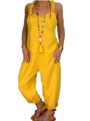 Solid color staps sleeveless plus size linen sexy vacation jumpsuits