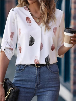 Women V-neck feather print 3/4 sleeves casual blouses
