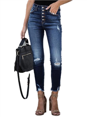 women high waist vintage button shirred ripped skinny pocket  denim jeans