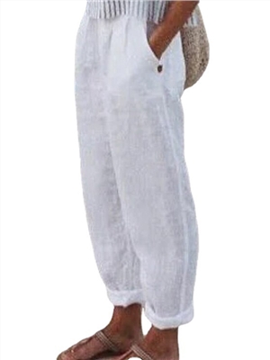Mid waist solid color pocket linen straight leg lounge pants