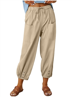 Mid waist solid color pocket linen plus size straight leg lounge pants
