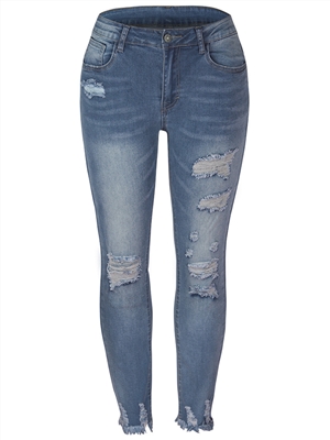 Women high waist vintage button shirred ripped skinny pocket denim jeans