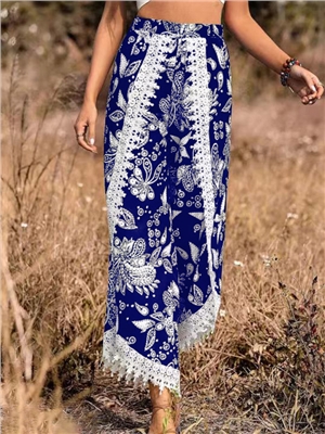 Women print lace boho vacation wide leg lounge pants