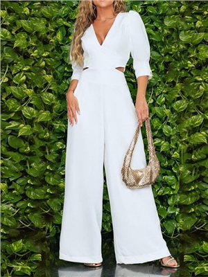 Women solid color 1/2 sleeves puff sleeves v-neck elegant party jumpsuits