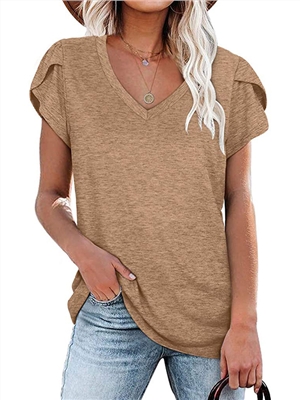 Solid color V-neck short sleeve casual T-shirts