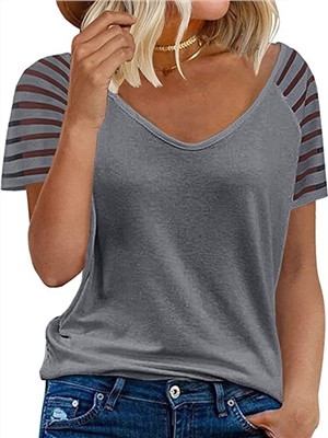 Women summer V-neck solid color short sleeves casual T-shirt