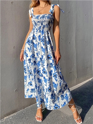 Floral print straps sleeveless A-line backless boho dress