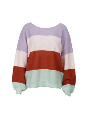 Casual Lantern Sleeve Sweater Striped Color Blocking Strapless Knit