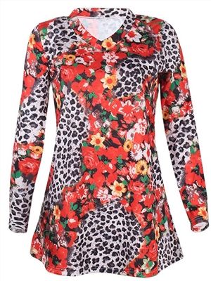 Leopard Floral Printing Long-sleeved Small V-neck MIDI Length Dress