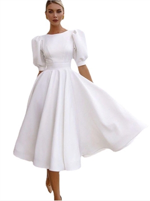 White MIDI Length Back Hole Puff Short Sleeve Elegant Dress