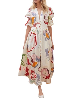 Women's Chiffon Printed Deep V-neck Mid Sleeve Long Beach Dress