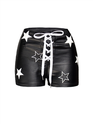 Black plus velvet PU leather pants, imitation leather women's pants, stretch metal hole tie rope shorts