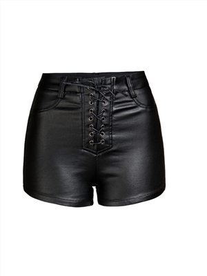 Black PU Leather Pants High Waist Elastic Tether Faux Leather Women's Shorts