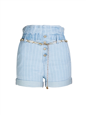Simple striped elastic waist thin denim shorts with belt female shorts