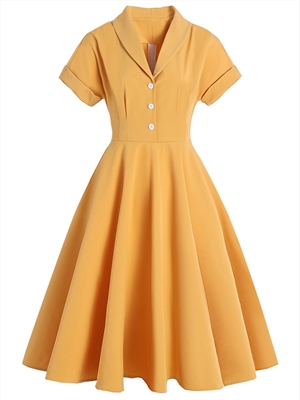 Solid Retro Elegant Mid-length A-line Yellow Dress
