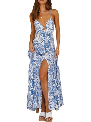 Leaves print  spaghetti straps  A-line high split maxi backless vacation sexy dress
