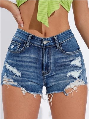 Mid waist solid color pocket shirred ripped button denim skinny shorts jeans