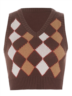 Knitted V-neck Slim Check Sleeveless Knit Tank Top