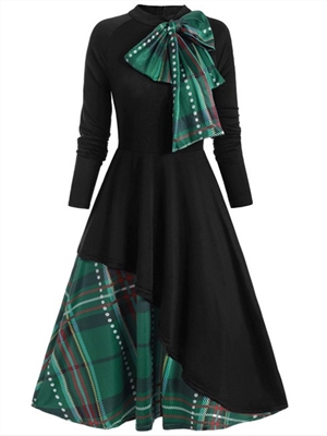 Plaid Bow Long Sleeve Dress