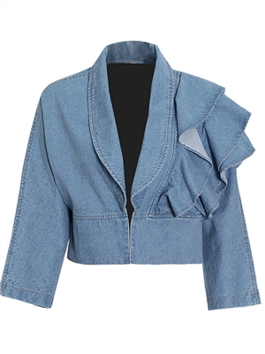 ruffle design personality short square collar solid denim shirt jacket