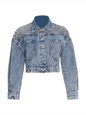 solid color lapel long-sleeved heavy industry rivets short denim jacket