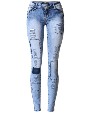Slim pencil pants, stretch denim, ripped feet pants, thin, multi-hole patch, trendy