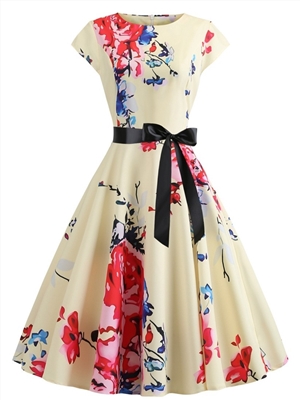 Round Neck Cap Sleeve Floral Print Plus Size Skirt