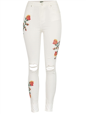 High-waisted, high-elastic cross-embroidered beige beggar ripped skinny jeans ankle-length pants
