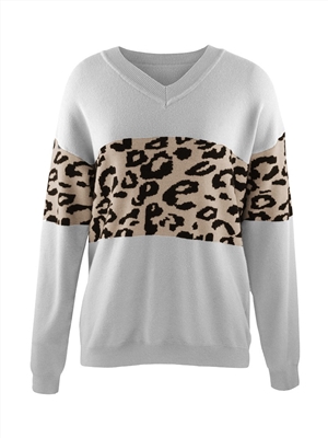 V-neck color-block leopard sweater