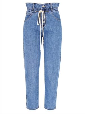 High-waisted, loose-fitting, straight-leg, flower bud drawstring denim trousers, elastic waist, wide-leg pants
