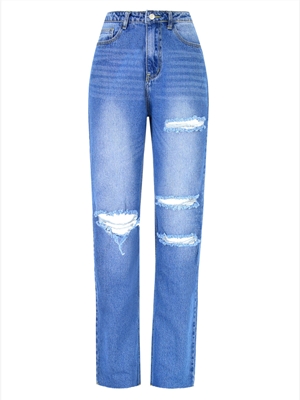 Women's high-waist straight-leg jeans loose washed street holes