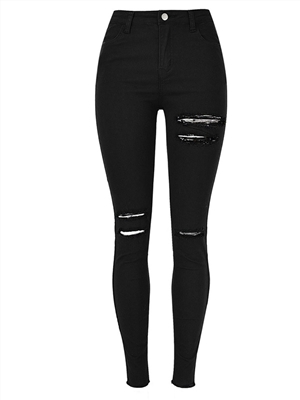 High waist elastic irregular knee frayed feet fringed foot pants