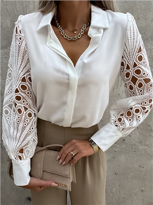 Women solid color lace shirt collar long sleeves hollow elegant shirts