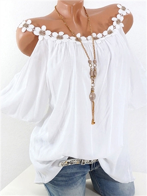 Solid color lace short sleeves cold the shoulder elegant blouses