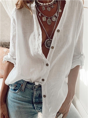 Solid color long sleeves v-neck button elegant blouses