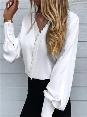 Solid color lace long sleeves V-neck button elegant blouses