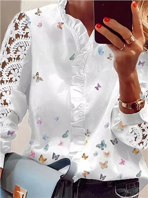 Butterfly print lace v-neck long sleeves elegant blouses