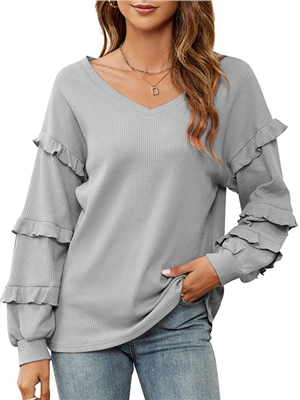 solid color waffle V-neck ruffled balloon long sleeves blouses