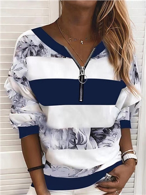 Floral print stripe v-neck long sleeves  zip casual sweatshirts