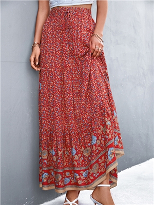Floral print high waist boho vacation maxi flared skirts