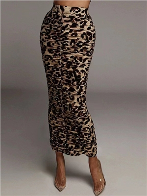 Women high waist leopard sexy tight  pleated split midi bodycon skirts