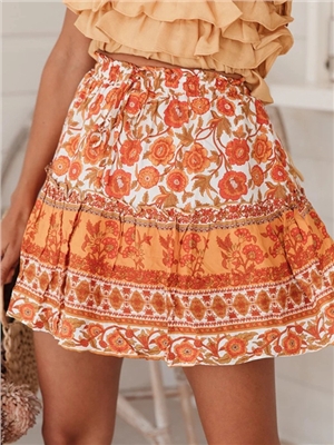 Women flower print high waist boho resort above the knee pleated skirts