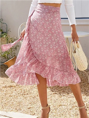 Women print ruffles chiffon high waist boho vacation asymmetrical skirts