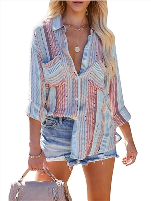 Stripe lapel long sleeve single breaste casual shirts